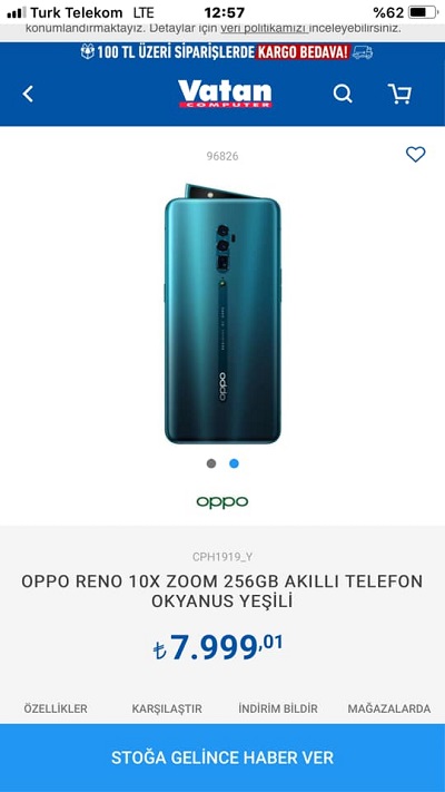 Oppo Reno 10x Zoom Türkiye fiyat